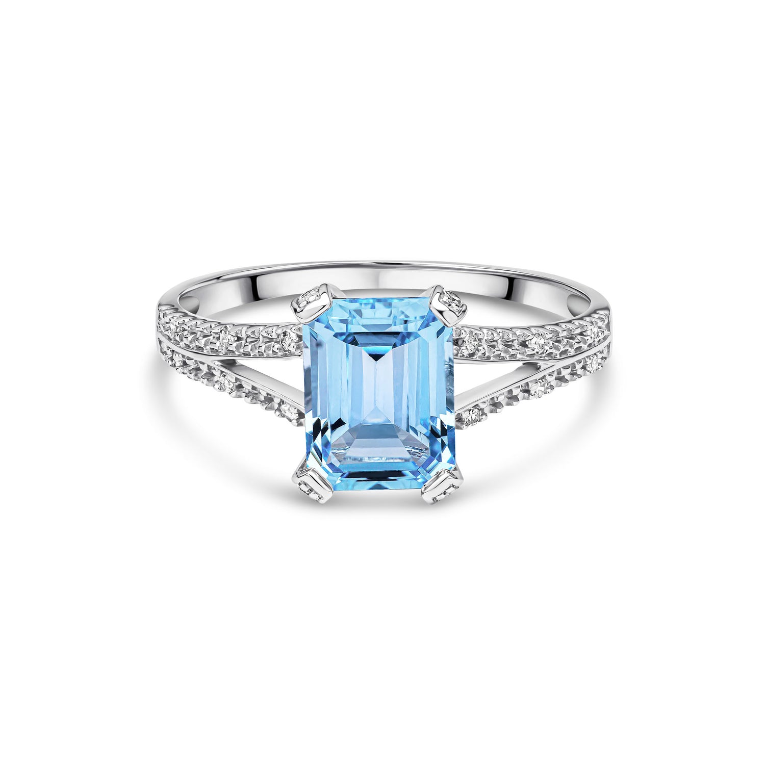 9ct White Gold Natural Emerald Cut Swiss Blue Topaz and Round Diamond Split Shoulder Ring — 8x6mm