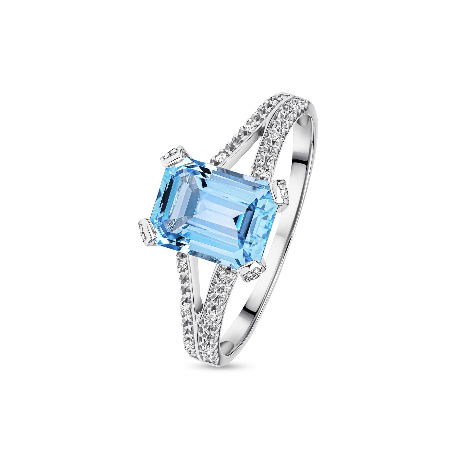 9ct White Gold Natural Emerald Cut Swiss Blue Topaz and Round Diamond Split Shoulder Ring — 8x6mm