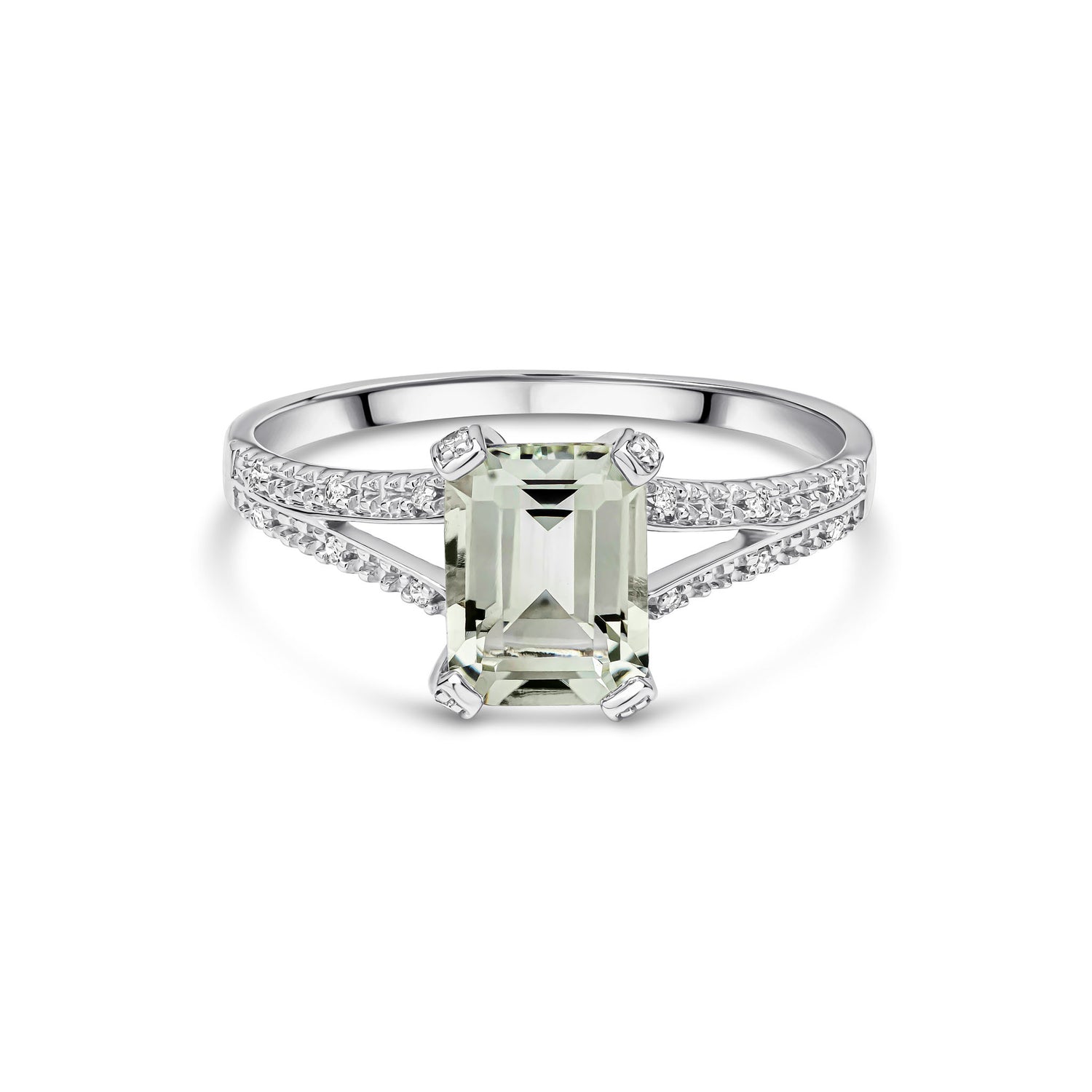 9ct White Gold Natural Emerald Cut Green Amethyst and Round Diamond Split Shoulder Ring — 8x6mm