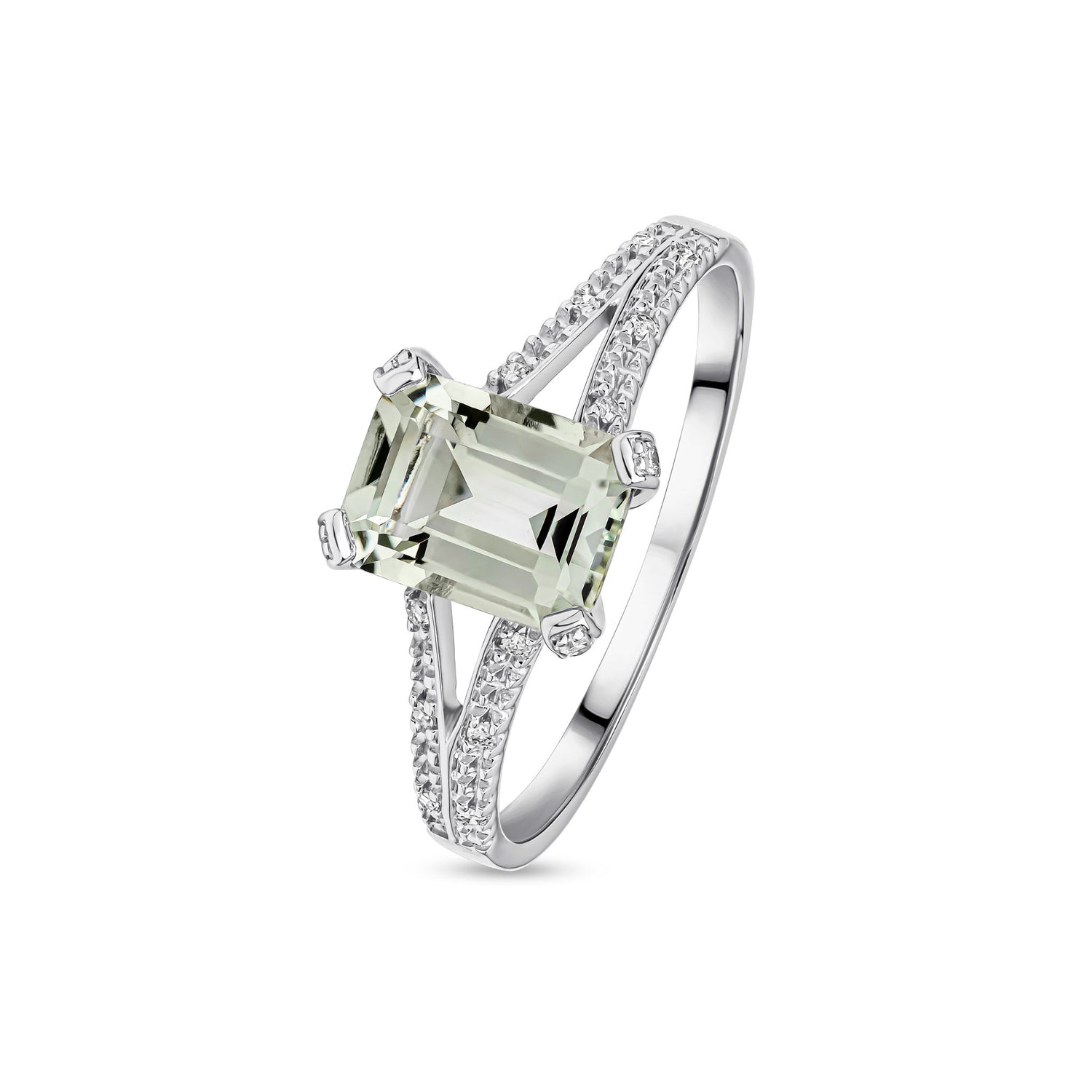 9ct White Gold Natural Emerald Cut Green Amethyst and Round Diamond Split Shoulder Ring — 8x6mm