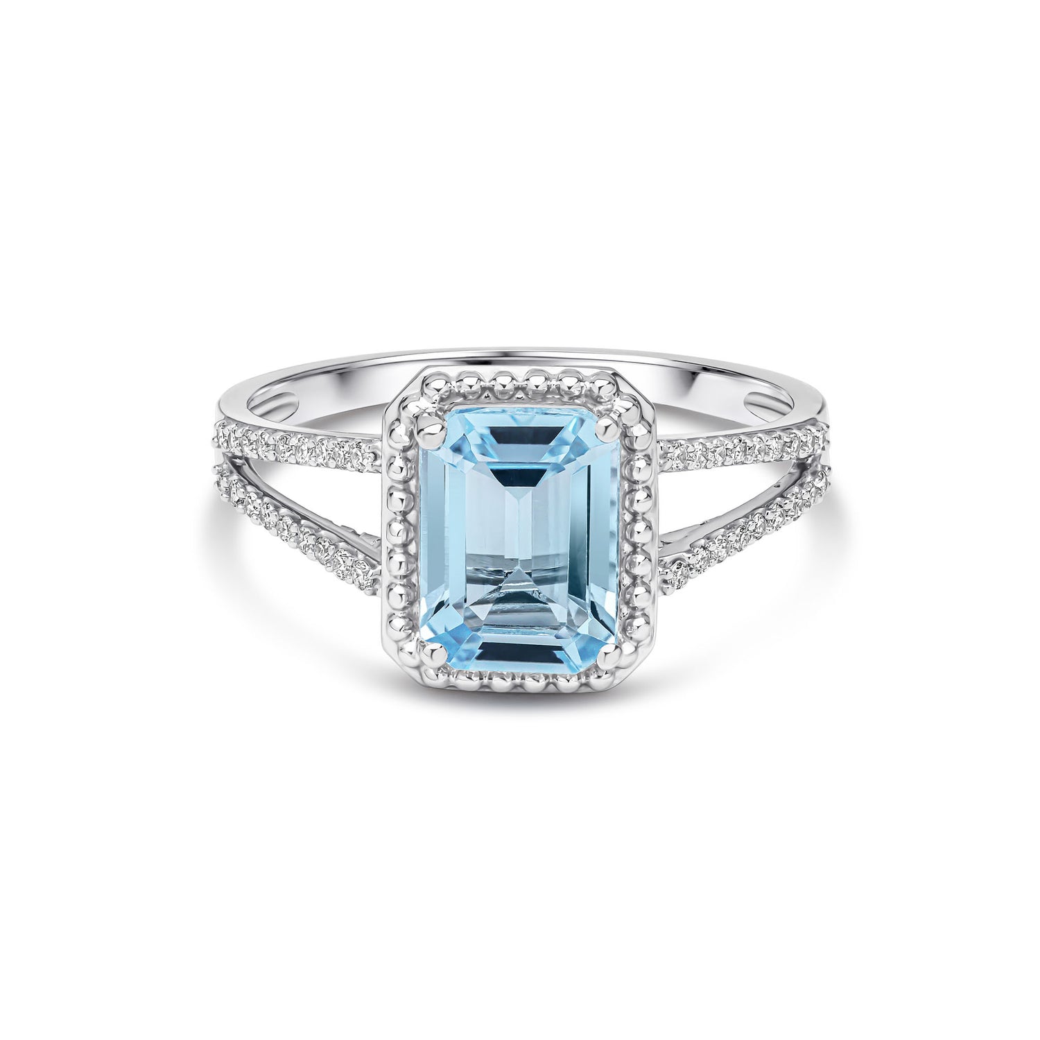 9ct White Gold Natural Octagonal Emerald Cut Swiss Blue Topaz and Diamond Split Shoulder Ring — 8x6mm