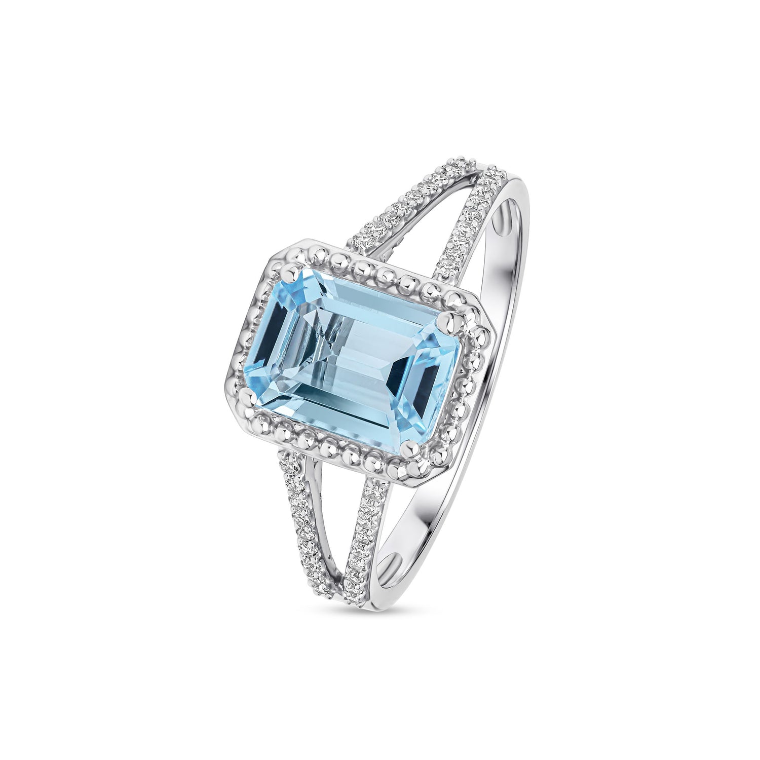 9ct White Gold Natural Octagonal Emerald Cut Swiss Blue Topaz and Diamond Split Shoulder Ring — 8x6mm