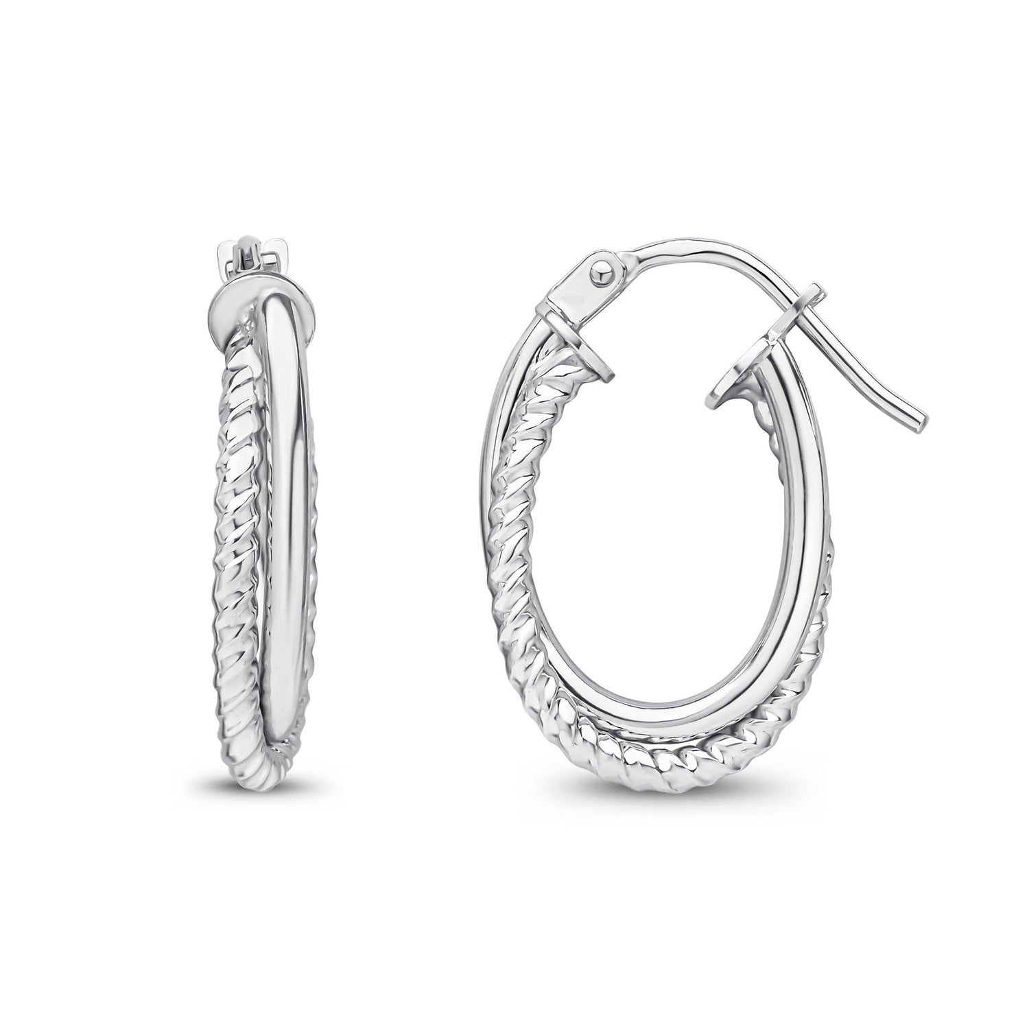 9ct White Gold Textured Oval Hoop Earrings — 17mm