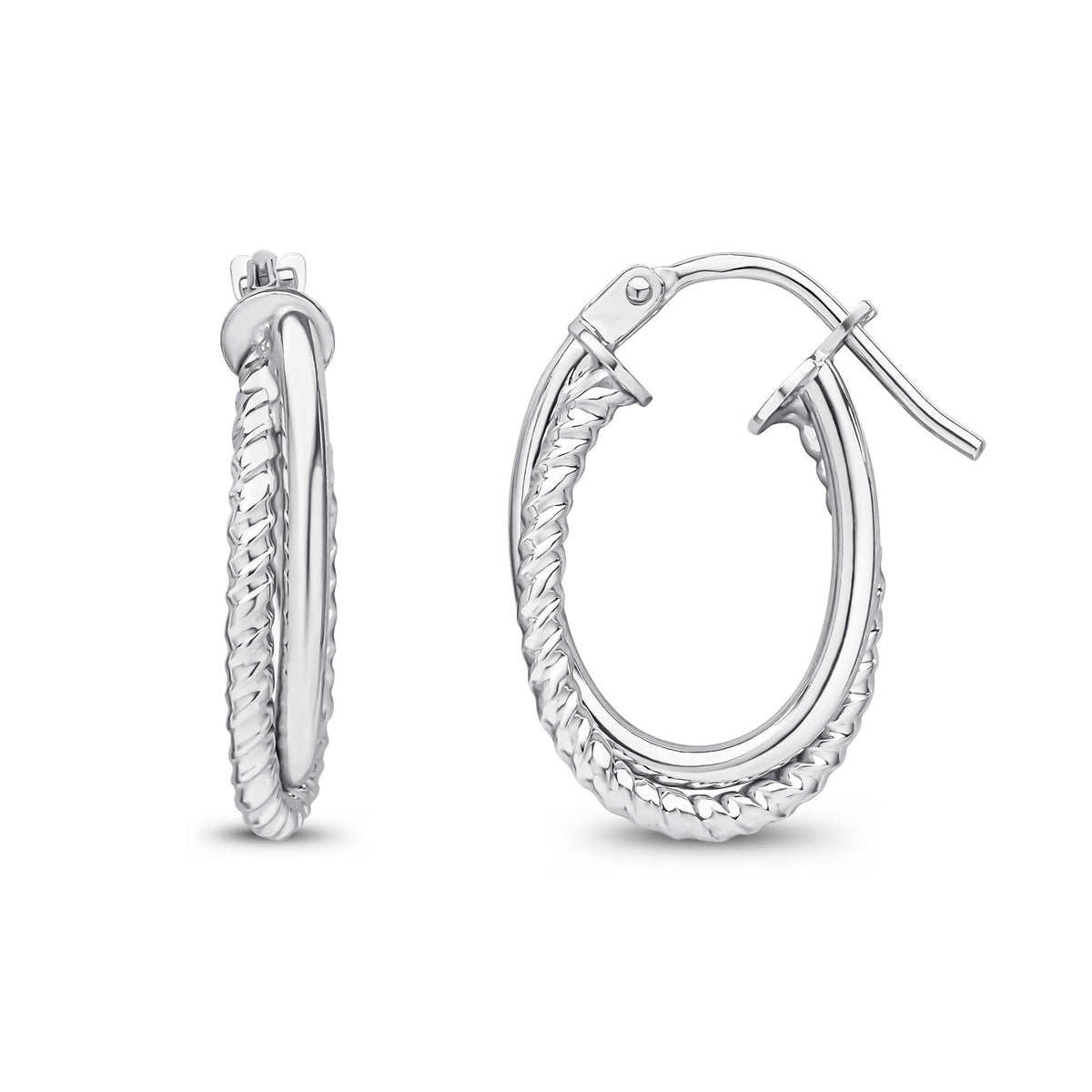 9ct White Gold Textured Oval Hoop Earrings — 17mm