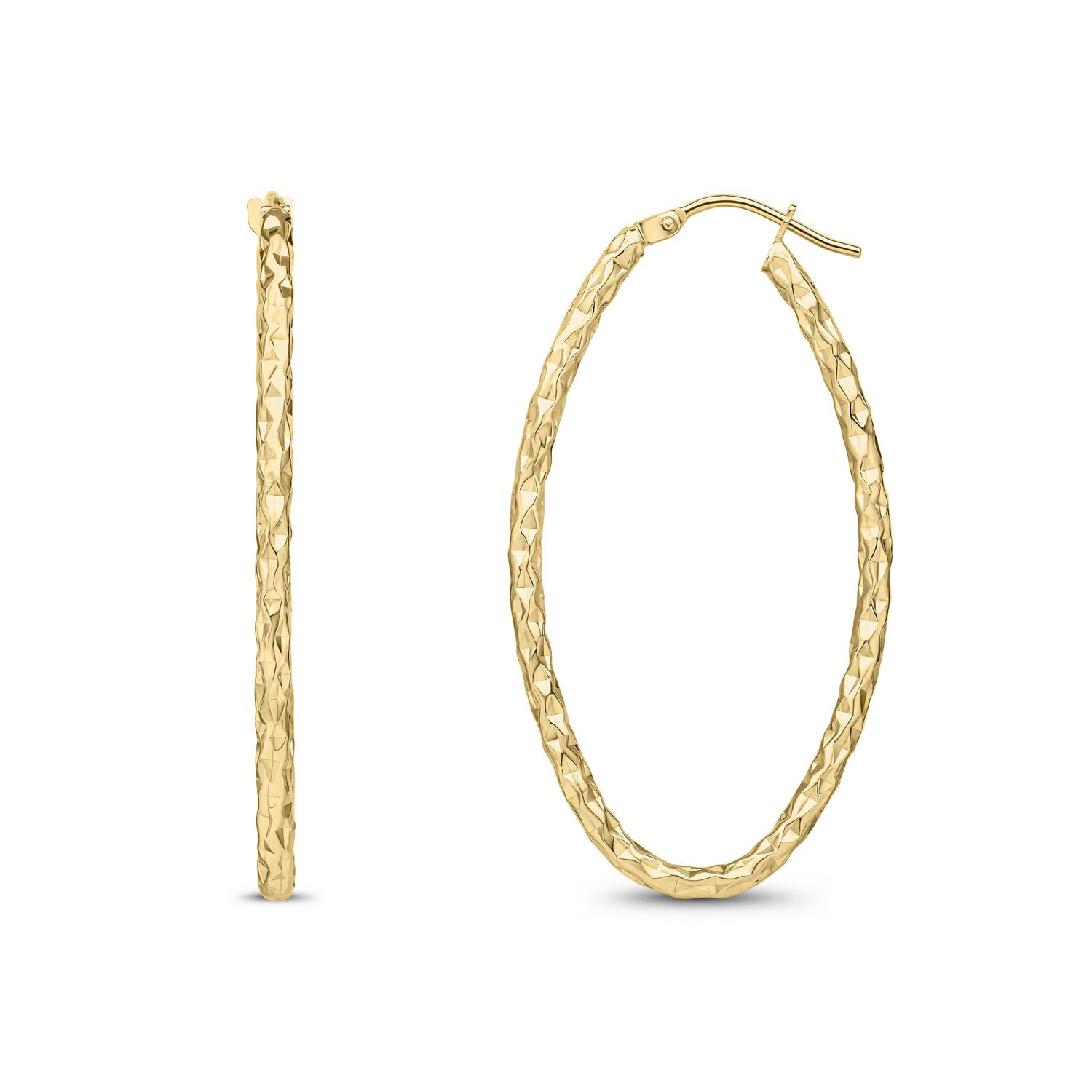 9ct Yellow Gold Diamond Cut Textured Oval Hoop Earrings — 40mm