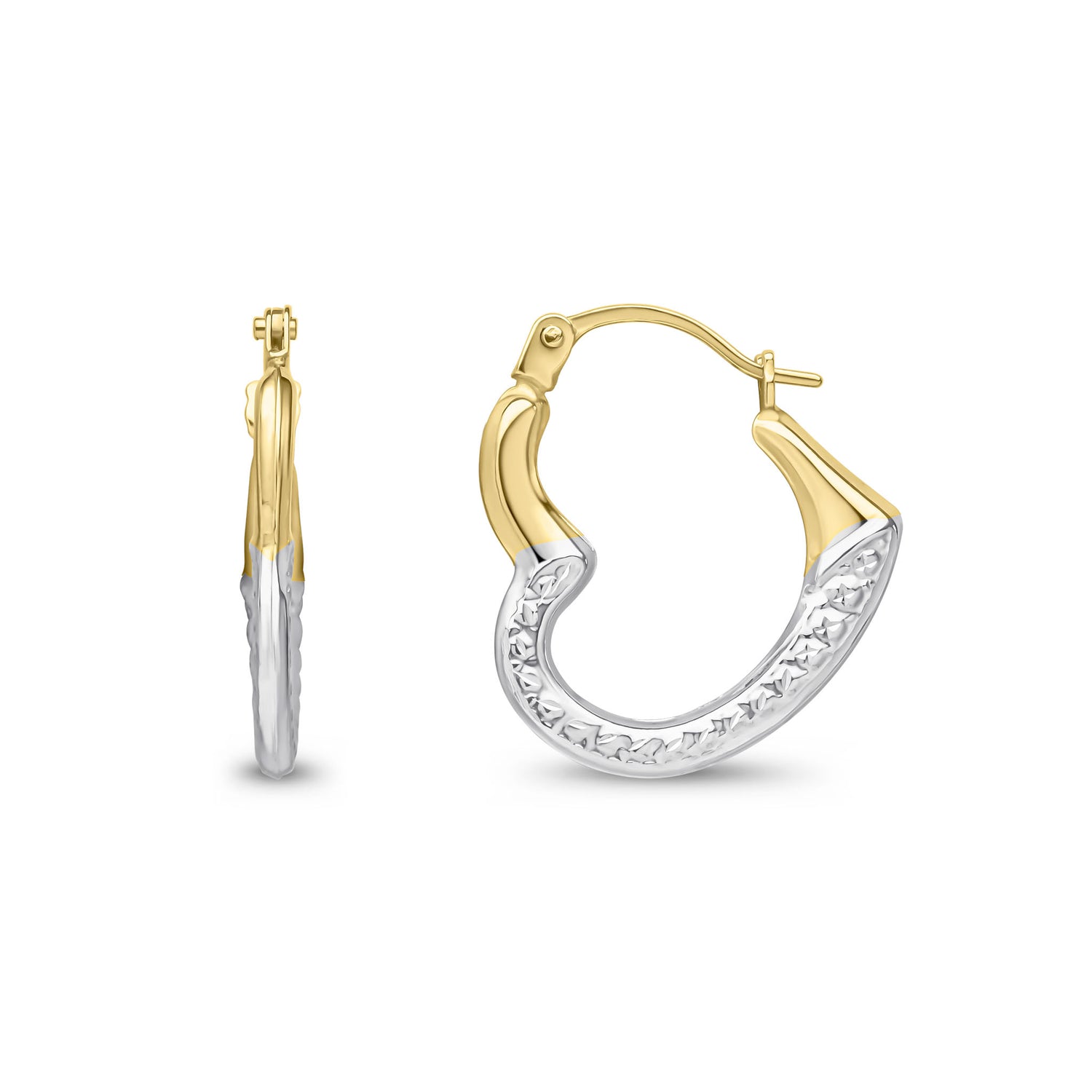 9ct Yellow and White Gold Two Tone Heart Hoop Earrings — 18mm