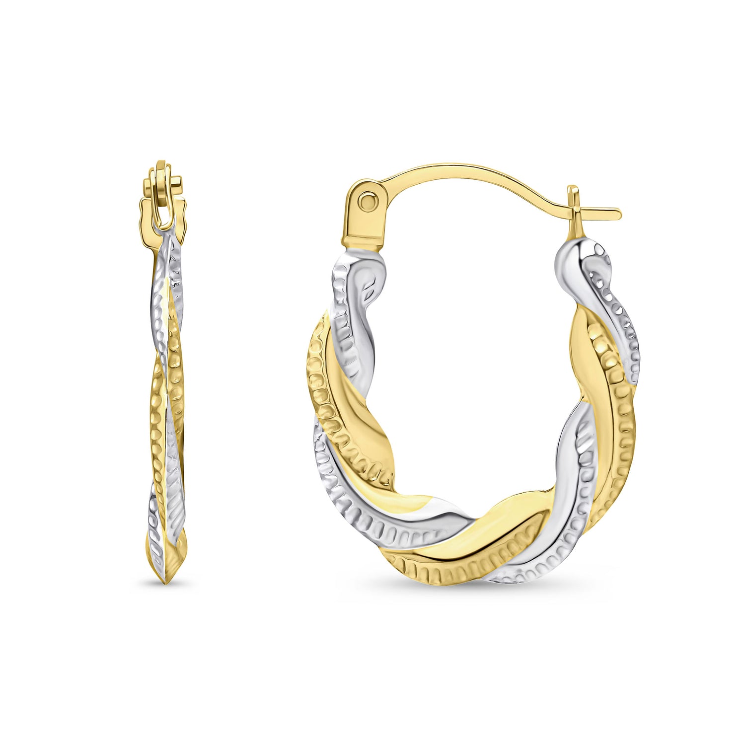 9ct Yellow and White Gold Two Tone Twist Hoop Earrings — 16mm