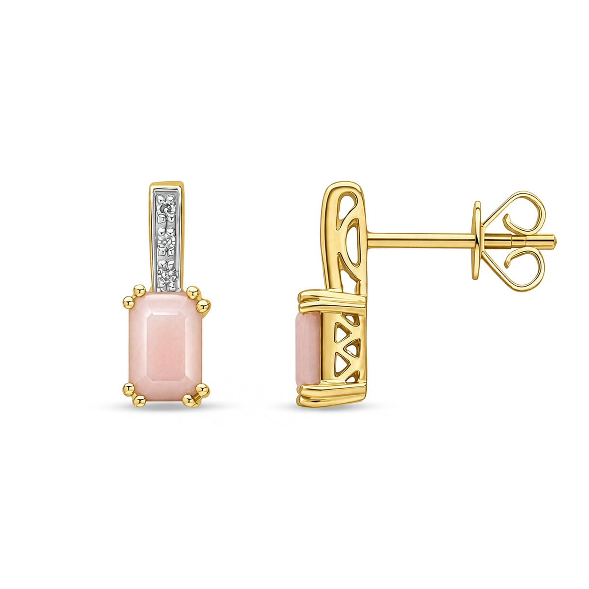 9ct Yellow Gold Octagonal Natural Pink Opal & Diamond Drop Earrings — 6x4mm