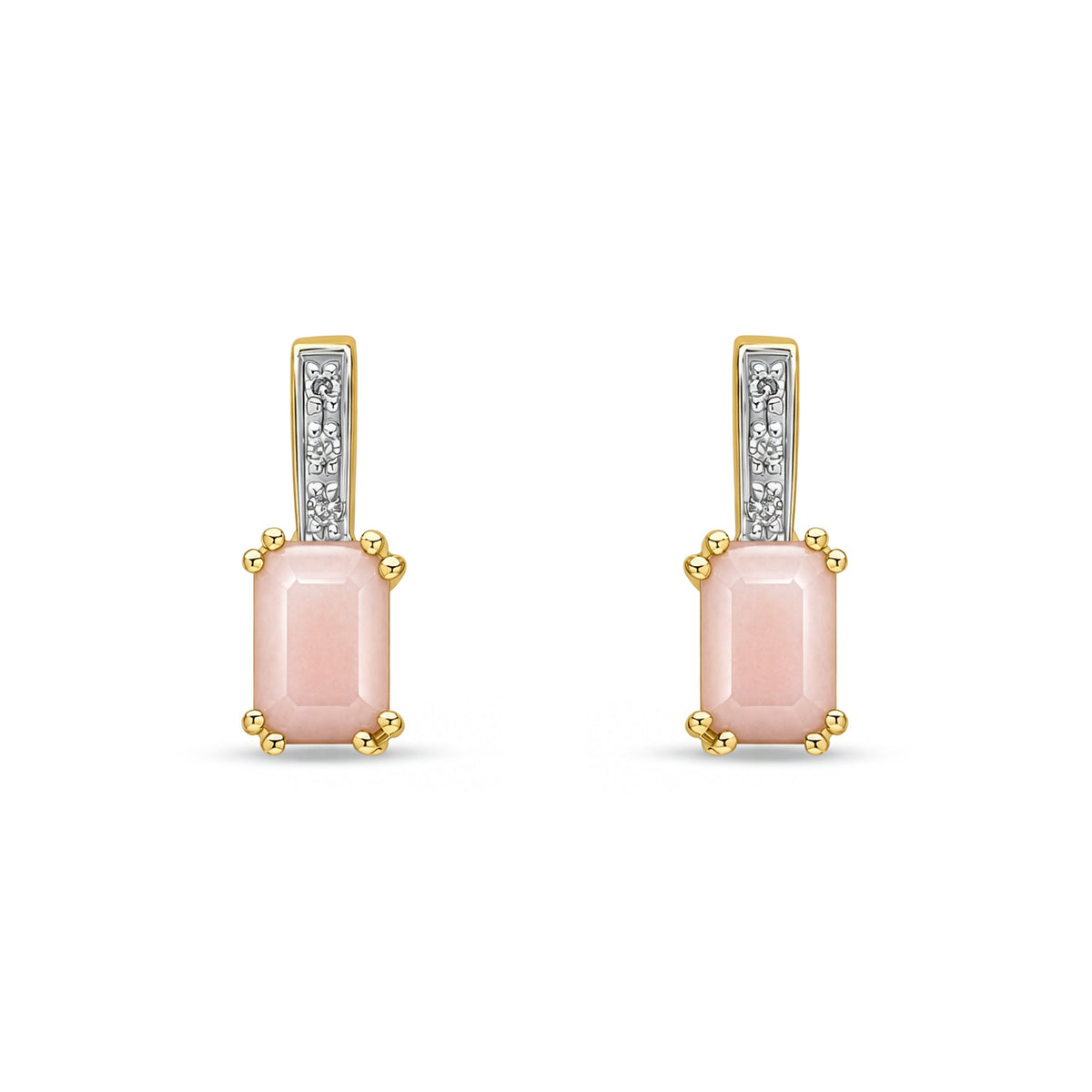 9ct Yellow Gold Octagonal Natural Pink Opal & Diamond Drop Earrings — 6x4mm