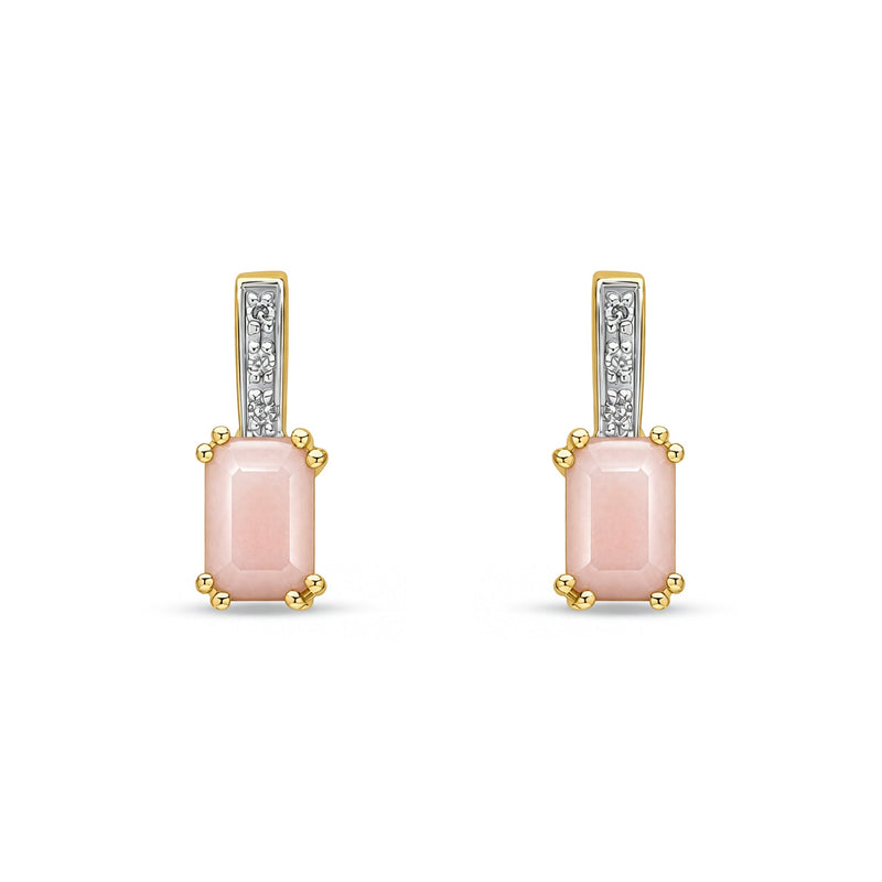 9ct Yellow Gold Octagonal Natural Pink Opal & Diamond Drop Earrings — 6x4mm