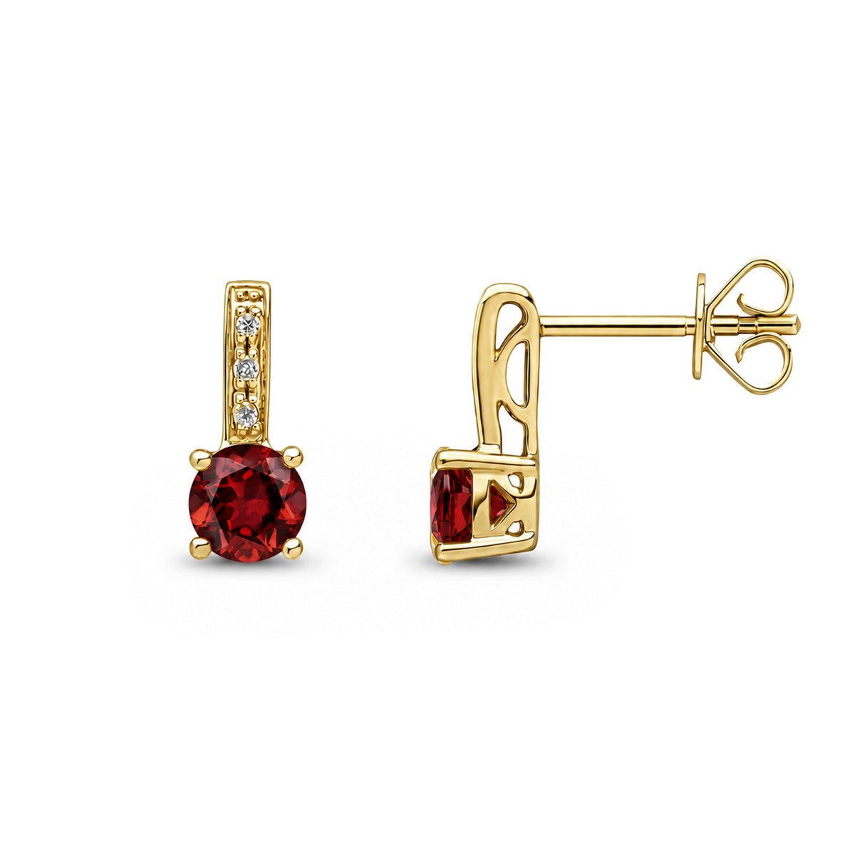 9ct Yellow Gold Round Natural Garnet & Diamond Drop Earrings — 5mm