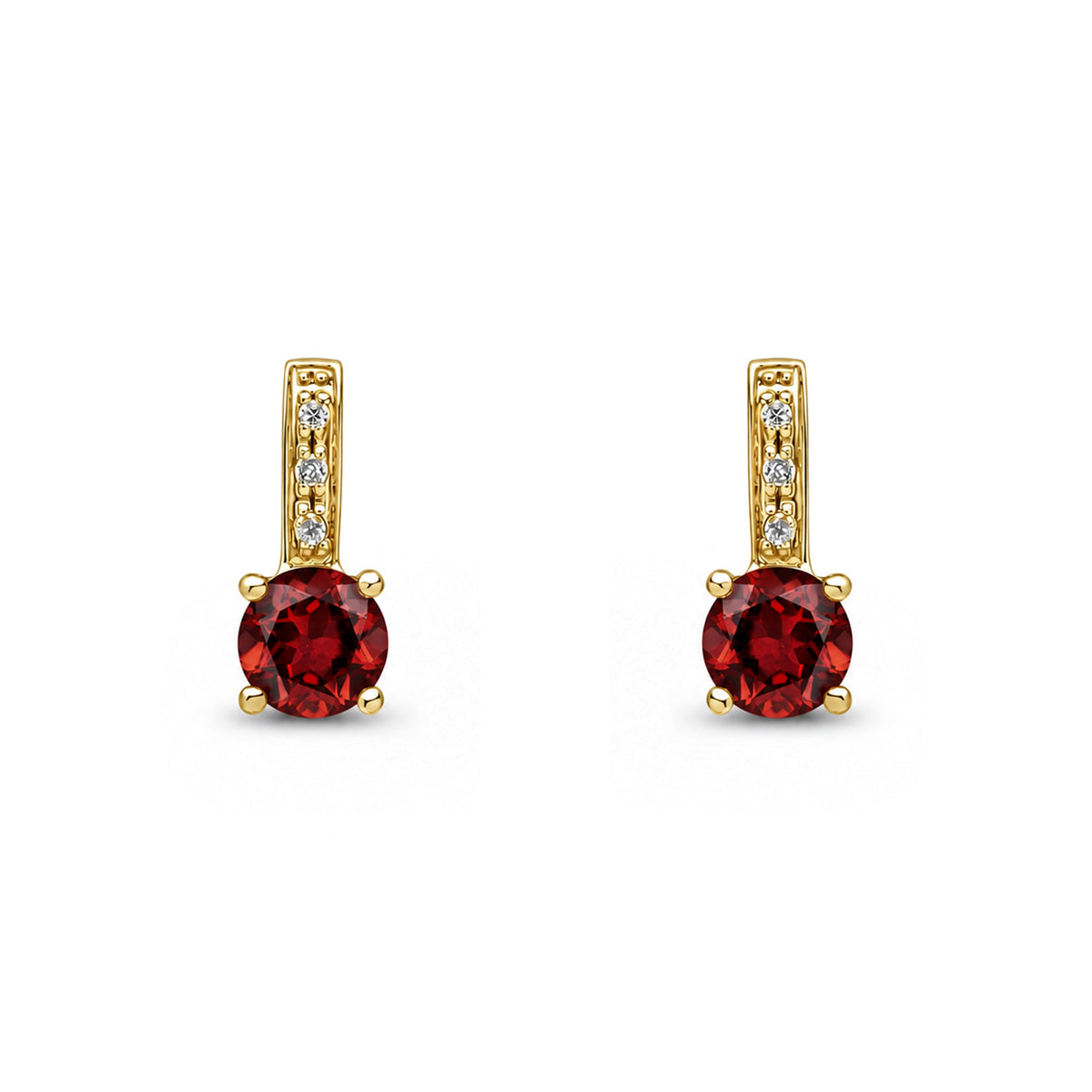 9ct Yellow Gold Round Natural Garnet & Diamond Drop Earrings — 5mm