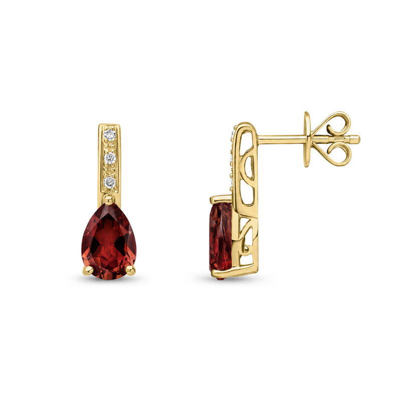 9ct Yellow Gold Pear Shaped Natural Garnet & Diamond Drop Earrings — 7x5mm
