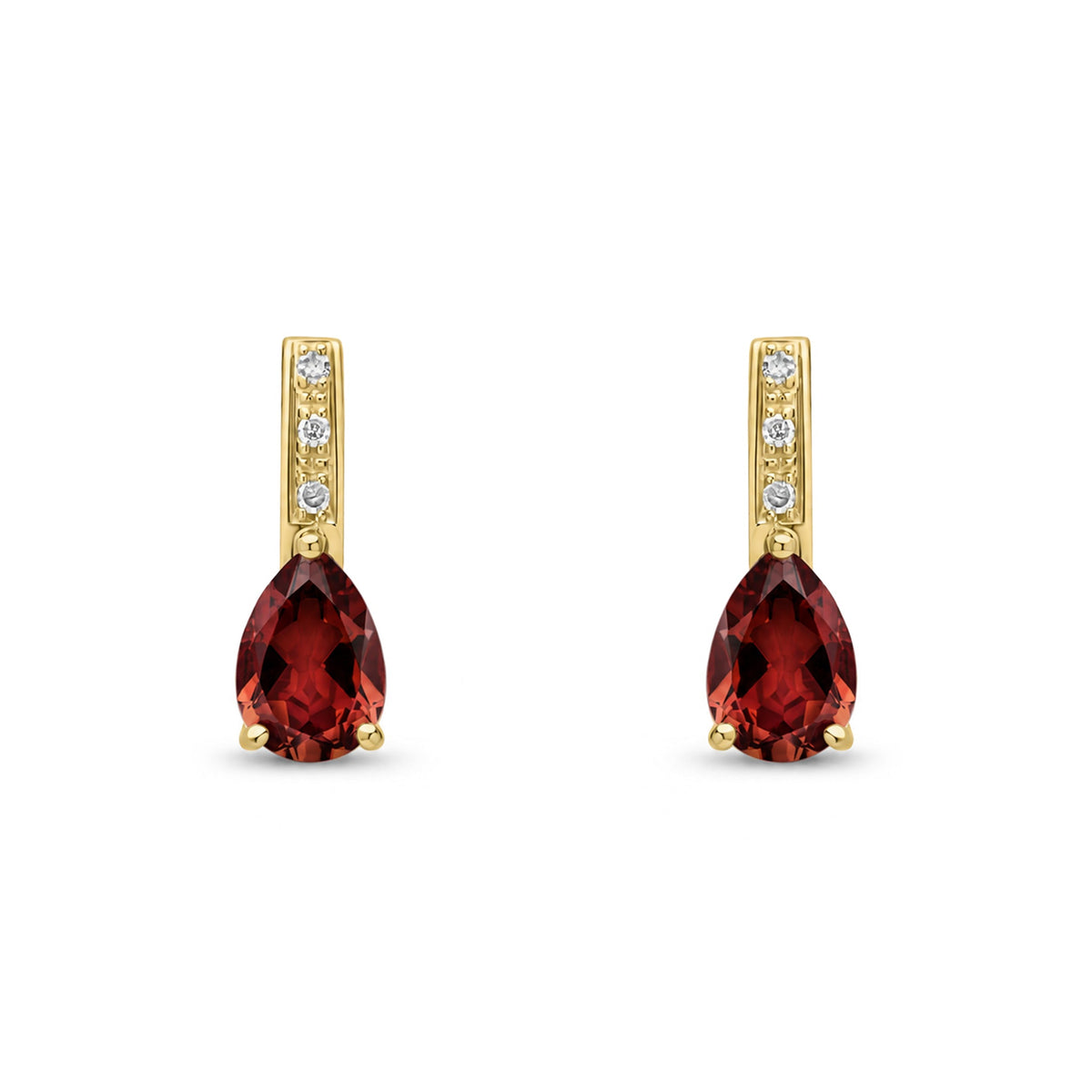 9ct Yellow Gold Pear Shaped Natural Garnet & Diamond Drop Earrings — 7x5mm