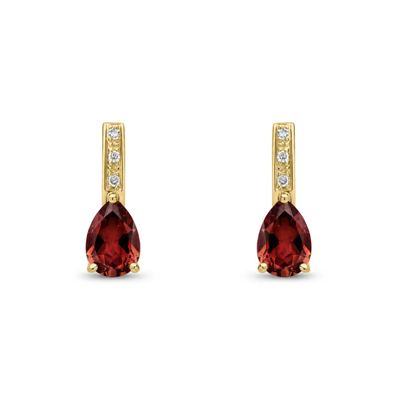 9ct Yellow Gold Pear Shaped Natural Garnet & Diamond Drop Earrings — 7x5mm
