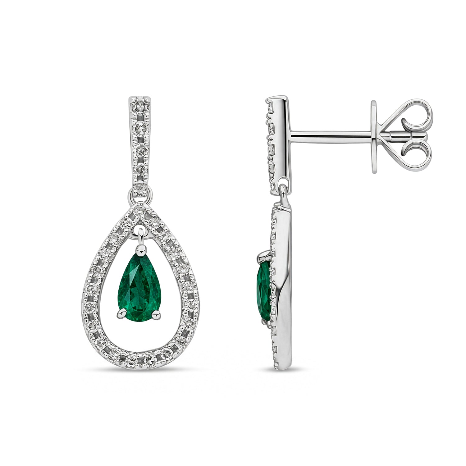 18ct White Gold Natural Emerald and Diamond Teardrop Drop Earrings