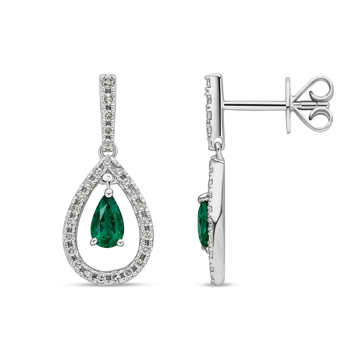 18ct White Gold Pear Shaped Natural Emerald & Diamond Open Teardrop Drop Earrings