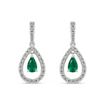 18ct White Gold Pear Shaped Natural Emerald & Diamond Open Teardrop Drop Earrings