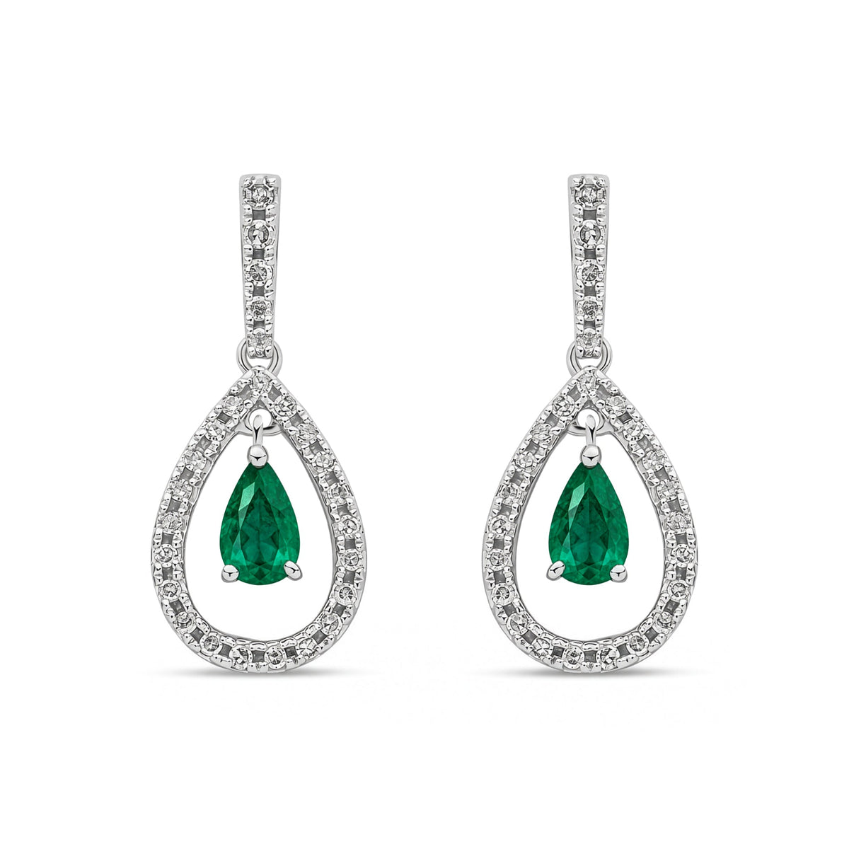 18ct White Gold Pear Shaped Natural Emerald & Diamond Open Teardrop Drop Earrings