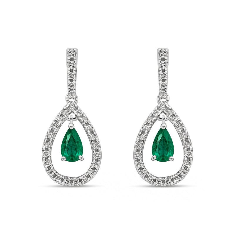 18ct White Gold Pear Shaped Natural Emerald & Diamond Open Teardrop Drop Earrings