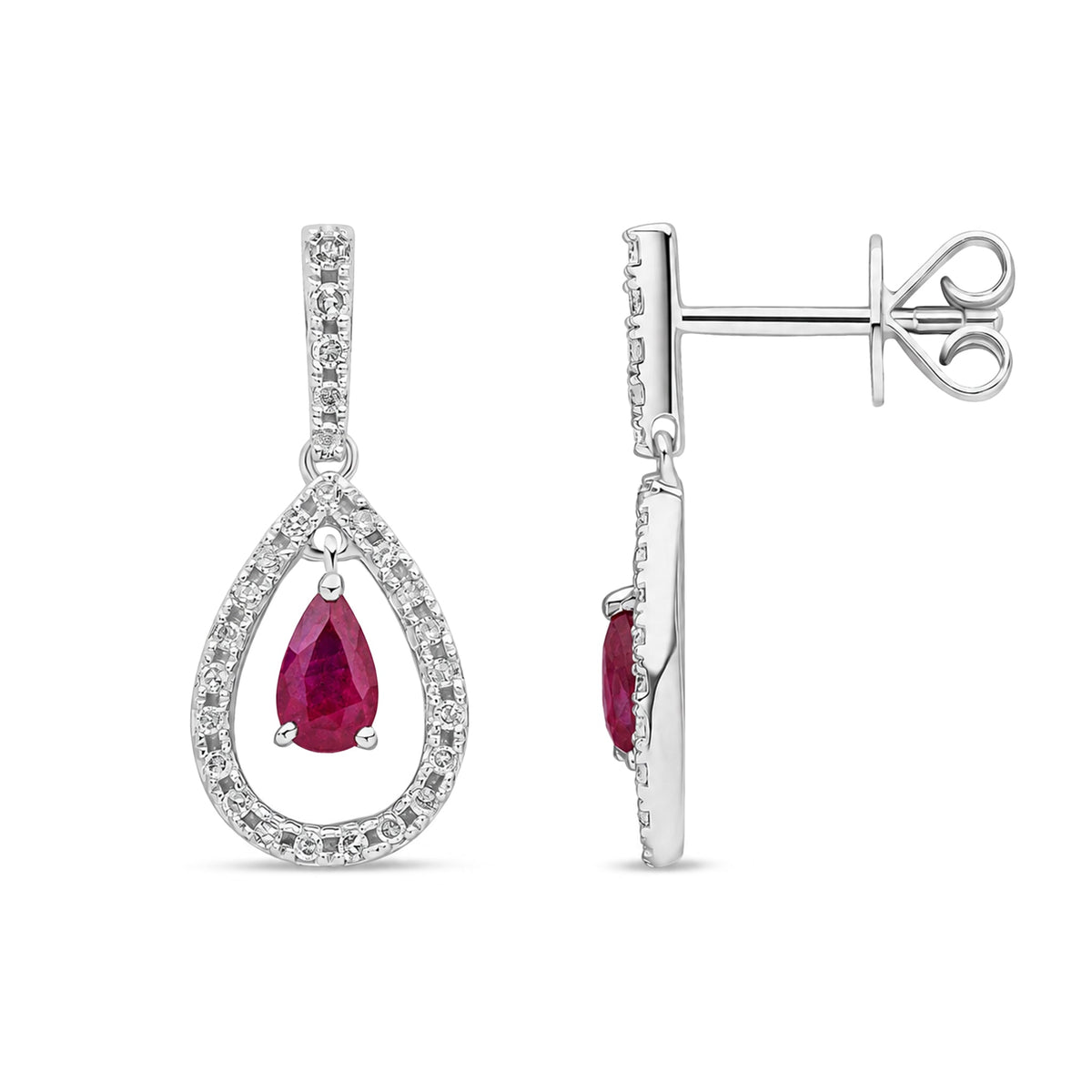 18ct White Gold Pear Shaped Natural Ruby & Diamond Open Teardrop Drop Earrings