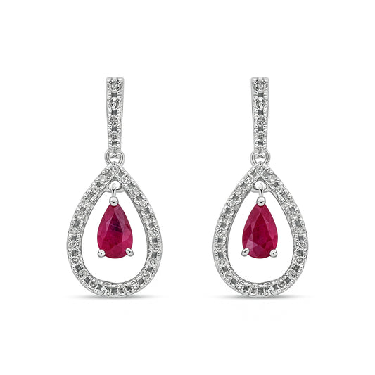 18ct White Gold Natural Ruby and Diamond Teardrop Drop Earrings