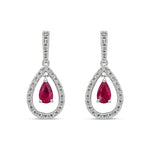 18ct White Gold Pear Shaped Natural Ruby & Diamond Open Teardrop Drop Earrings
