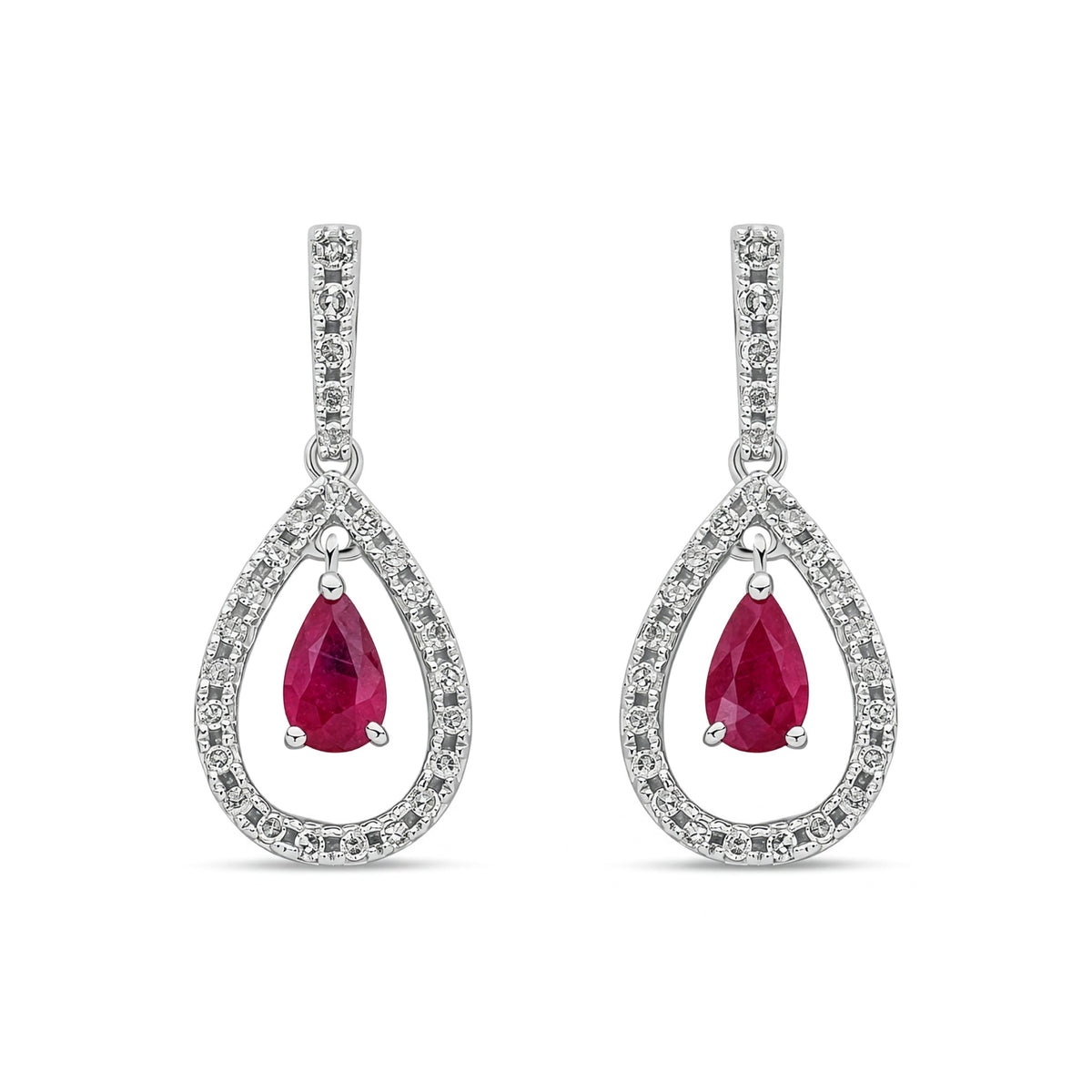 18ct White Gold Pear Shaped Natural Ruby & Diamond Open Teardrop Drop Earrings