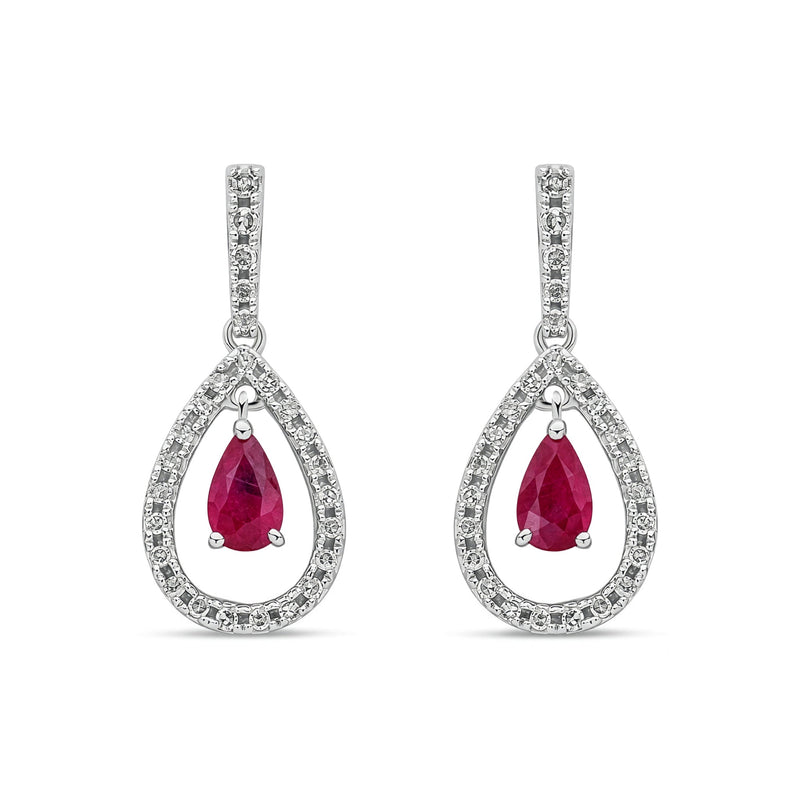 18ct White Gold Pear Shaped Natural Ruby & Diamond Open Teardrop Drop Earrings
