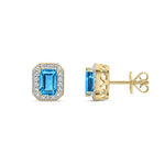 9ct Yellow Gold Octagonal Natural Swiss Blue Topaz & Diamond Halo Stud Earrings — 6x4mm