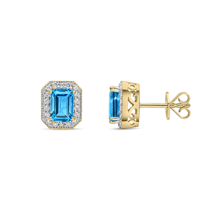 9ct Yellow Gold Octagonal Natural Swiss Blue Topaz & Diamond Halo Stud Earrings — 6x4mm
