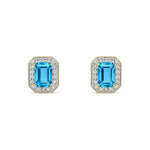 9ct Yellow Gold Octagonal Natural Swiss Blue Topaz & Diamond Halo Stud Earrings — 6x4mm