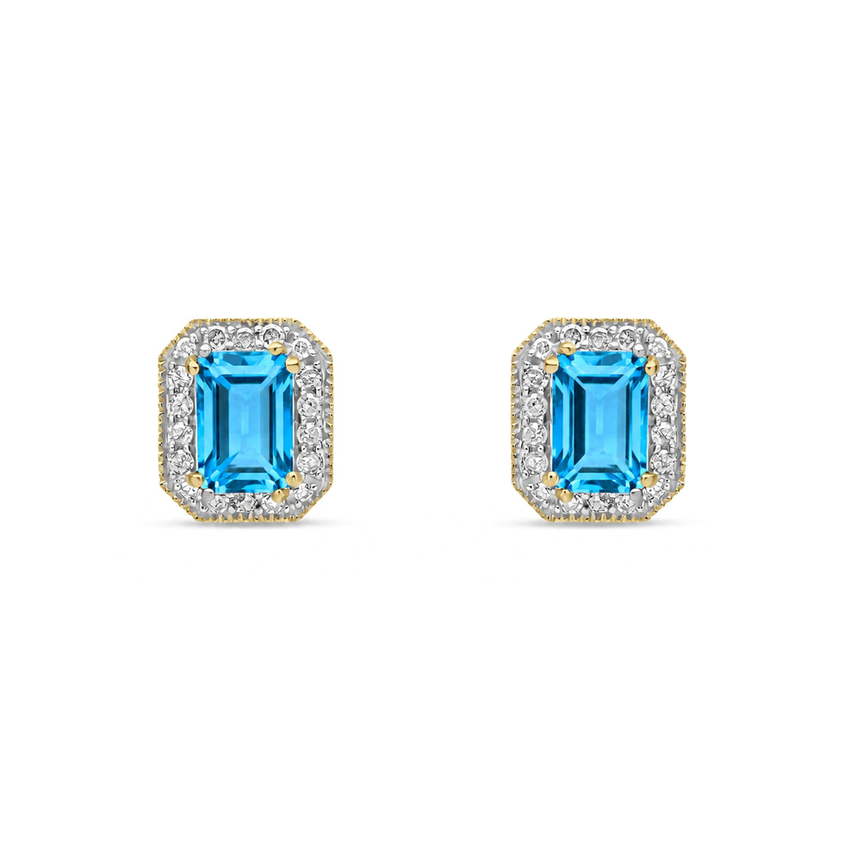 9ct Yellow Gold Octagonal Natural Swiss Blue Topaz & Diamond Halo Stud Earrings — 6x4mm