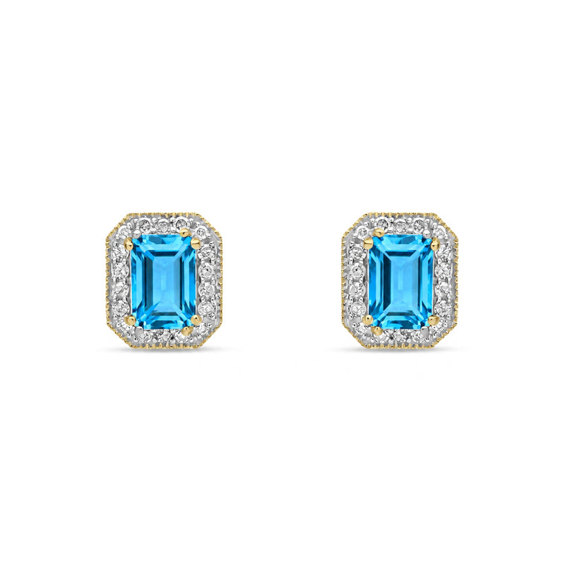 9ct Yellow Gold Octagonal Natural Swiss Blue Topaz & Diamond Halo Stud Earrings — 6x4mm