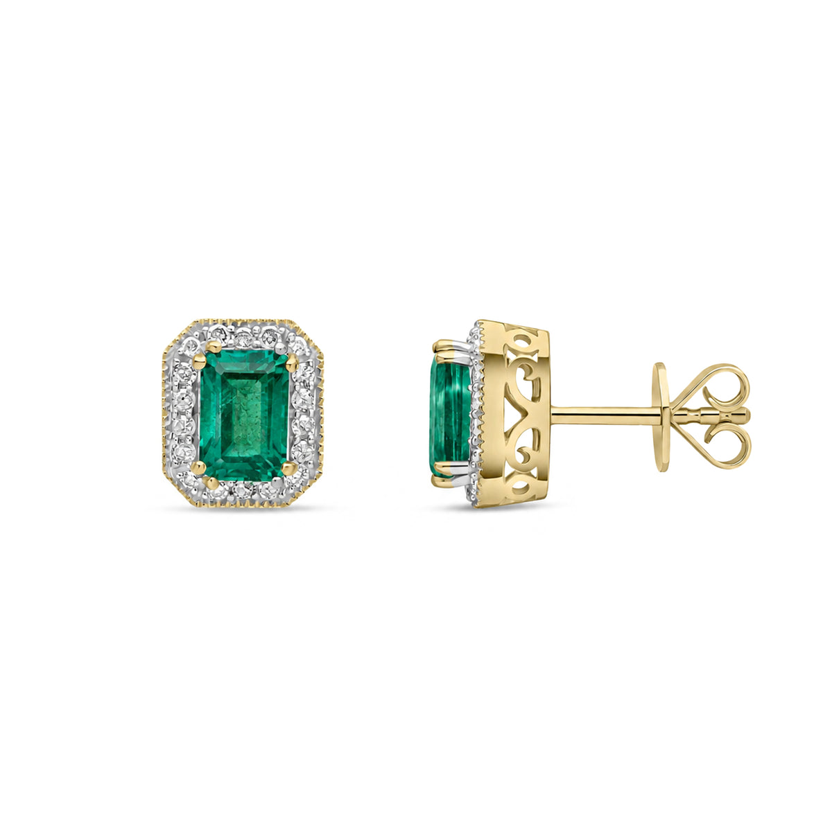 9ct Yellow Gold Natural Emerald and Diamond Octagon Stud Earrings