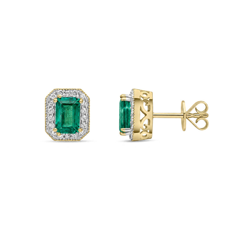 9ct Yellow Gold Octagonal Natural Emerald & Diamond Halo Stud Earrings — 6x4mm