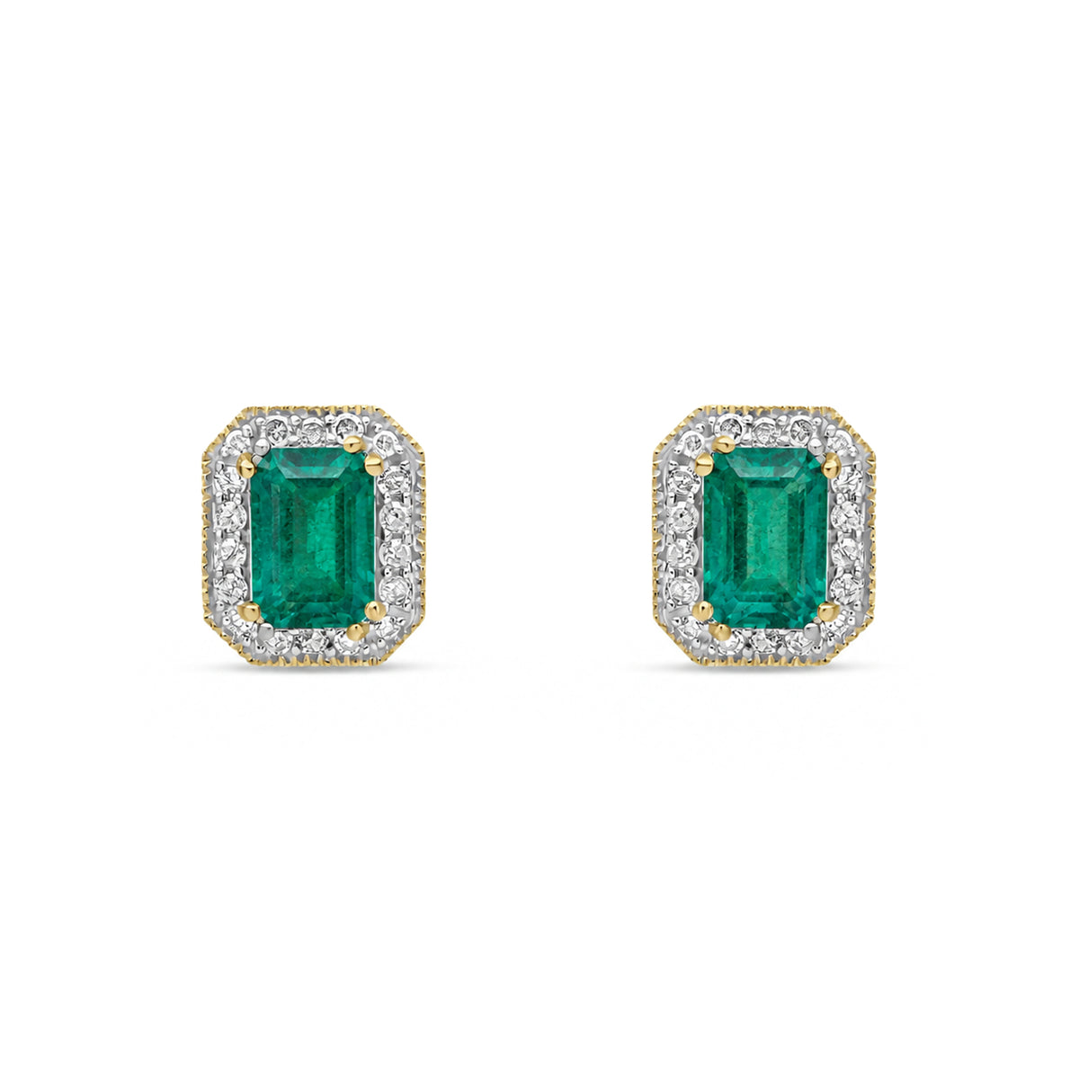 9ct Yellow Gold Natural Emerald and Diamond Octagon Stud Earrings