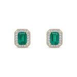 9ct Yellow Gold Octagonal Natural Emerald & Diamond Halo Stud Earrings — 6x4mm