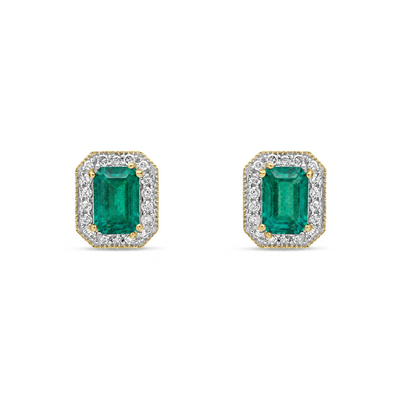 9ct Yellow Gold Octagonal Natural Emerald & Diamond Halo Stud Earrings — 6x4mm