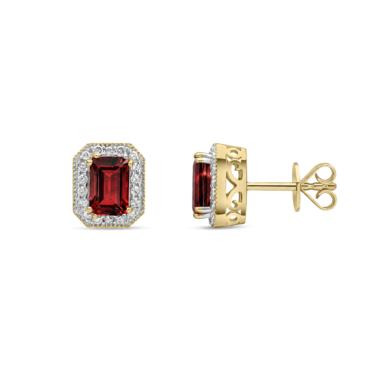 9ct Yellow Gold Octagon Garnet and Diamond Earrings