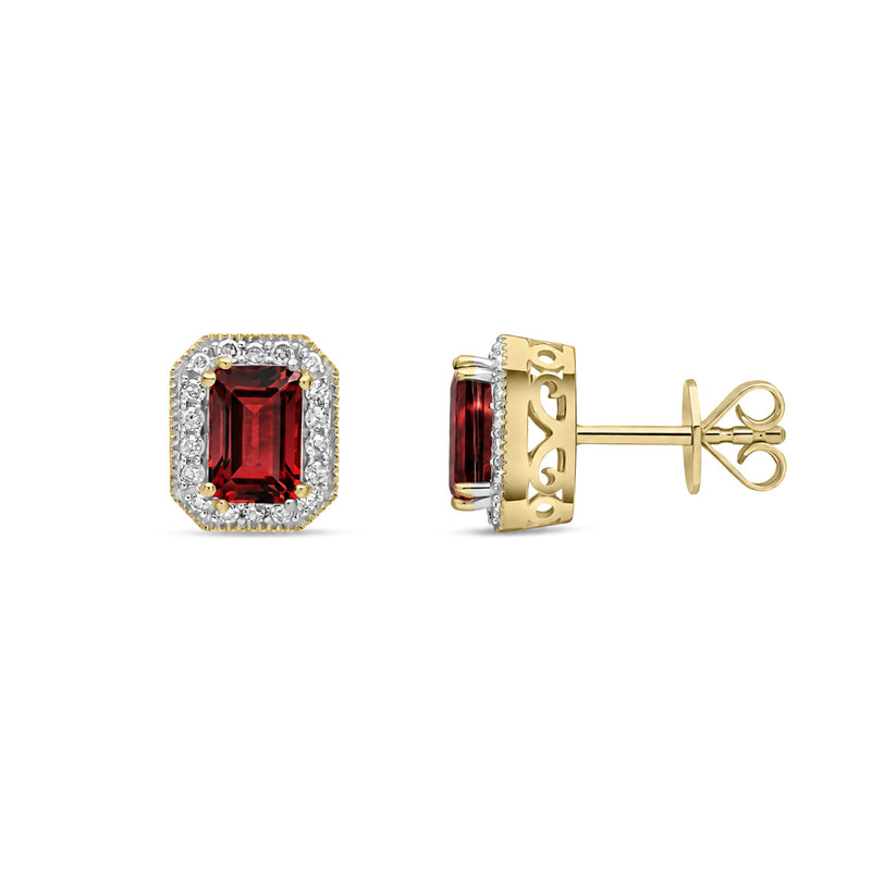 9ct Yellow Gold Octagonal Natural Garnet & Diamond Halo Stud Earrings — 6x4mm