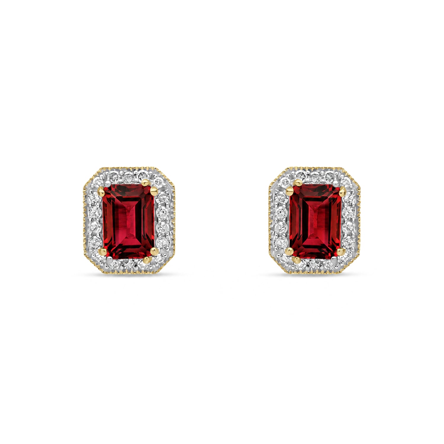 9ct Yellow Gold Octagon Garnet and Diamond Earrings