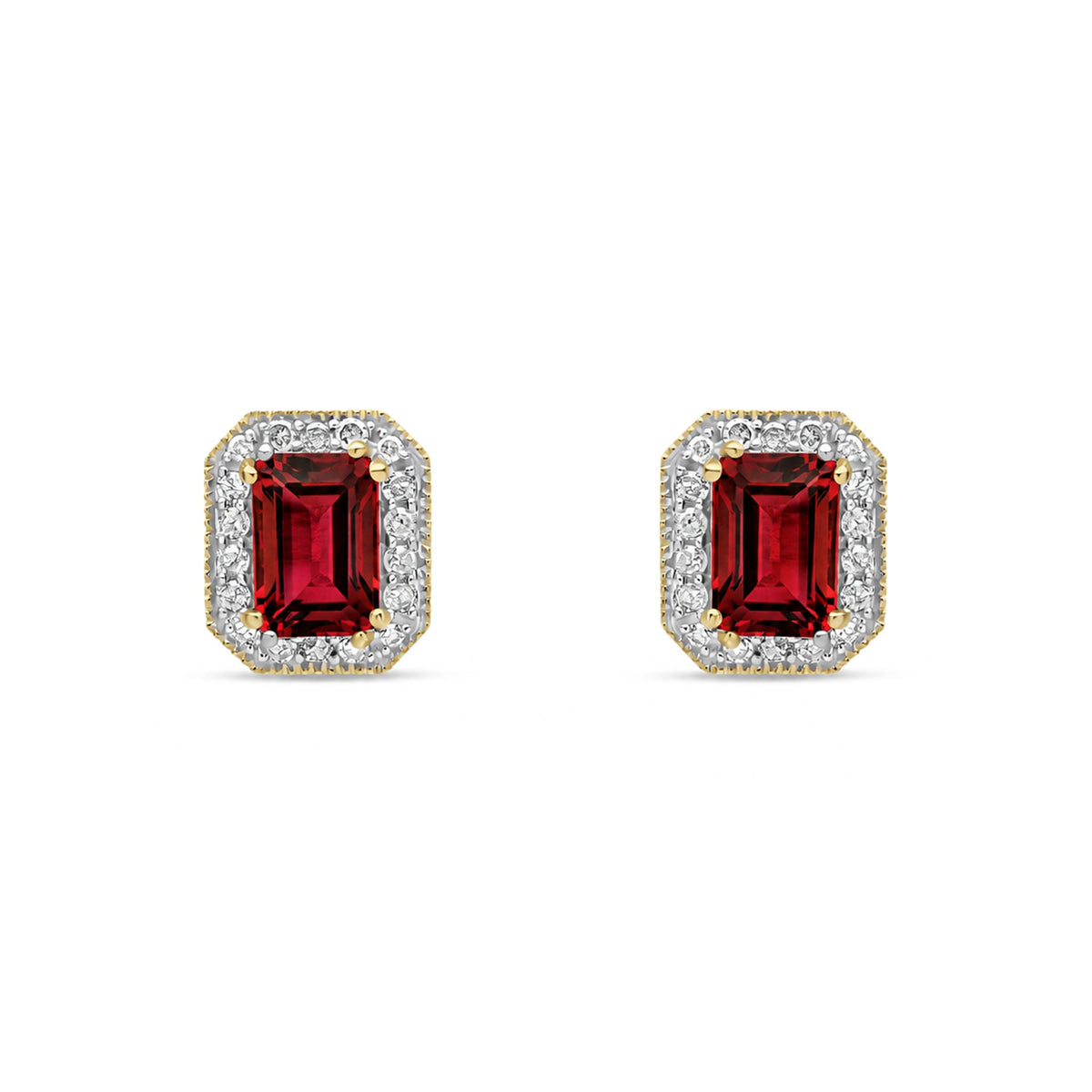 9ct Yellow Gold Octagonal Natural Garnet & Diamond Halo Stud Earrings — 6x4mm