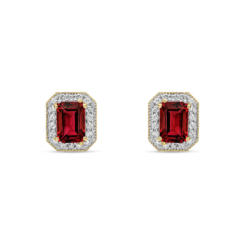 9ct Yellow Gold Octagonal Natural Garnet & Diamond Halo Stud Earrings — 6x4mm