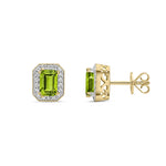 9ct Yellow Gold Octagonal Natural Peridot & Diamond Halo Stud Earrings — 6x4mm