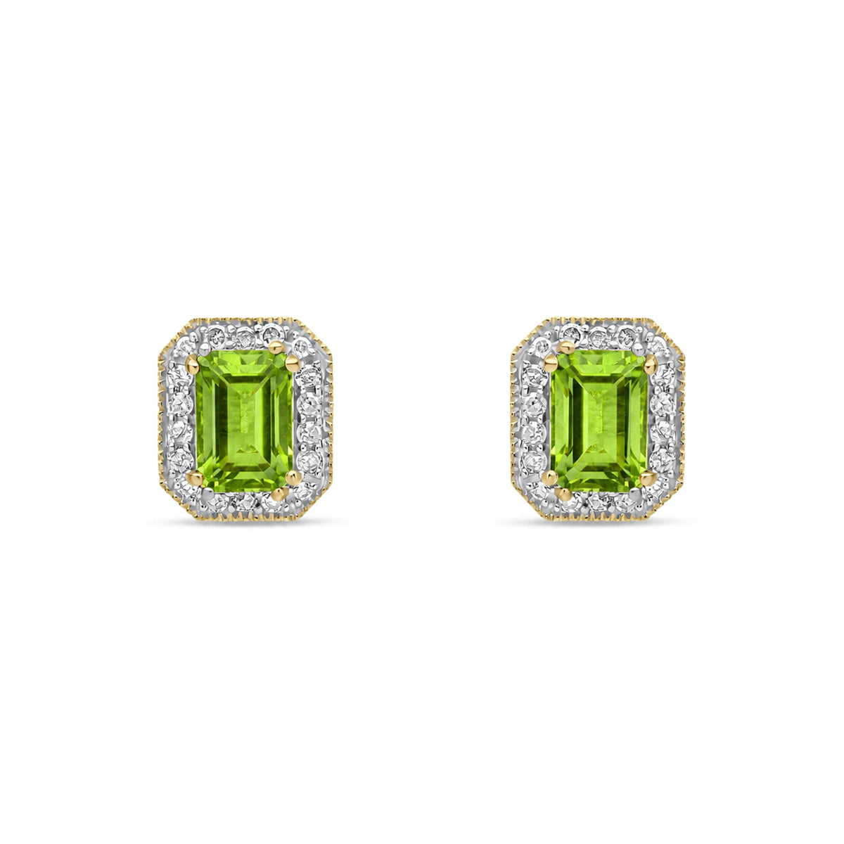 9ct Yellow Gold Octagonal Natural Peridot & Diamond Halo Stud Earrings — 6x4mm