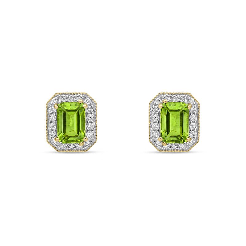 9ct Yellow Gold Octagonal Natural Peridot & Diamond Halo Stud Earrings — 6x4mm