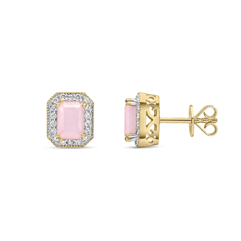 9ct Yellow Gold Octagonal Natural Pink Opal & Diamond Halo Stud Earrings — 6x4mm