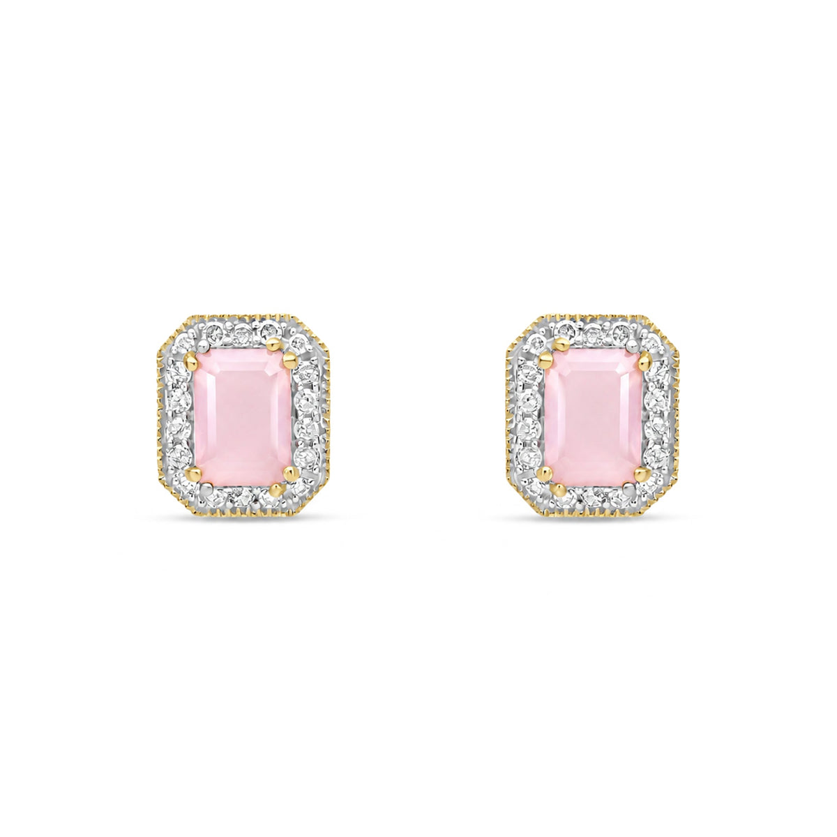 9ct Yellow Gold Octagonal Natural Pink Opal & Diamond Halo Stud Earrings — 6x4mm