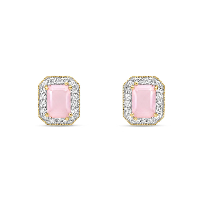 9ct Yellow Gold Octagonal Natural Pink Opal & Diamond Halo Stud Earrings — 6x4mm